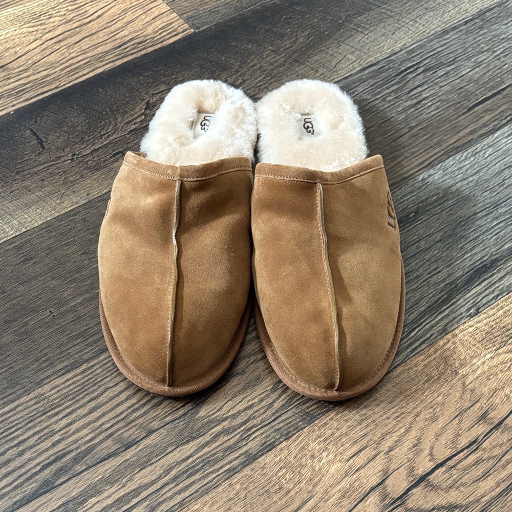 UGG Men's Brown Suede Shearling Lined Scuff Slip-Ons Slipper in Chestnut Size 18 - Picture 2 of 6